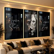 Quadro Decorativo Sala Leao Face Jesus Preto e Branco Quarto 122x60 HD