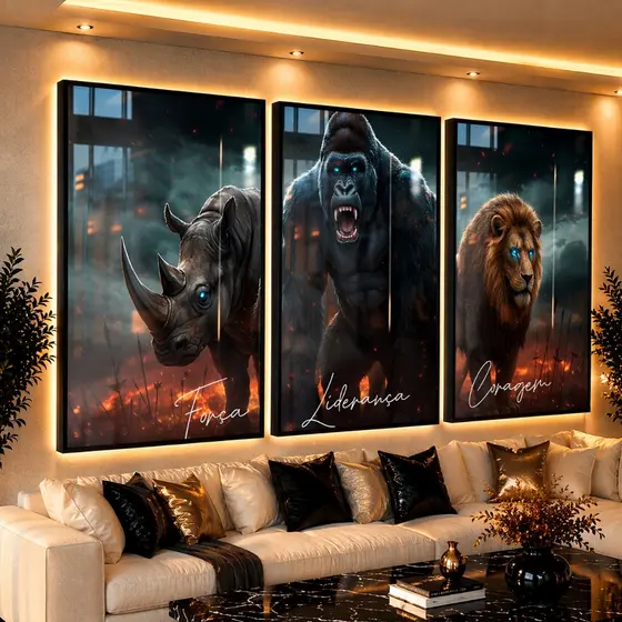 Quadro Para Sala Decorativo Motivacional Rinoceronte Gorila Leão Frase 122x60