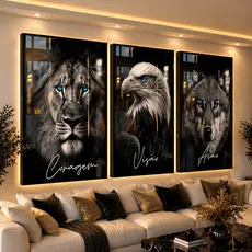 Quadro Decorativo Sala 3 Peças Leao Aguia Lobo Coragem Visao Ação 122x60
