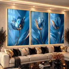 Quadro Decorativo 3 Peças Flor Tulipa Azul Sala Hall 122x60 Quarto