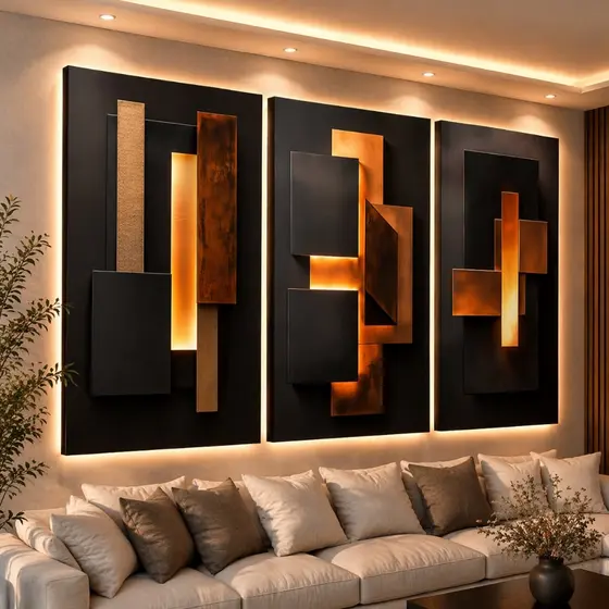 Quadro Decorativo Abstrato Geometrico Luxo Sala Moderno Kit 3 peças 122x60
