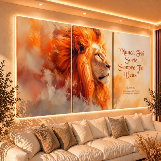 Quadro Decorativo Leao Fé Deus Salmo Motivacional Sala 122x60