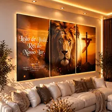 Quadro Kit 3 Peças Leao Rei de Judá Cruz Religioso Motivacional HD 122x60