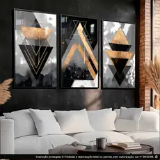 Kit 3 Quadros Decorativos Abstrato Geométrico Luxo Dourado 122X60