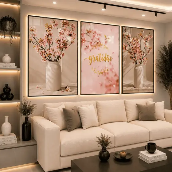 Quadros Decorativos Gratidao Flores Cerejeiras Boho Sala 122x60