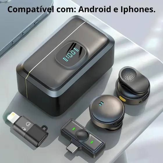 Microfone Lapela Magnético Sem Fio Duplo | Redução de Ruído, Estojo de Carga, Ideal para Live, Gravação e Entrevistas
