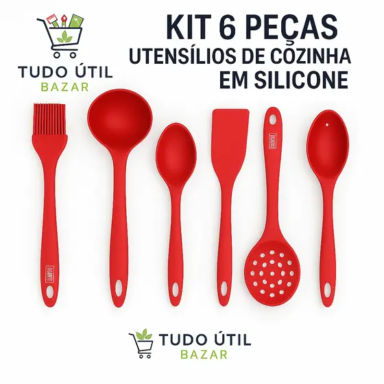 Conjunto 6 Pçs utensílios de Cozinha em Silicone Concha, Escumadeira, 2 Colheres, Espátula e Pincel