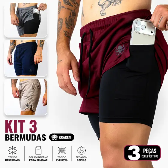 Kit 3  Bermudas Masculinas 2 em 1 Kraken Premium Com Forro de Compressão e Suporte para Toalha.