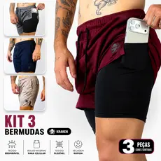 Kit 3  Bermudas Masculinas 2 em 1 Kraken Premium Com Forro de Compressão e Suporte para Toalha.