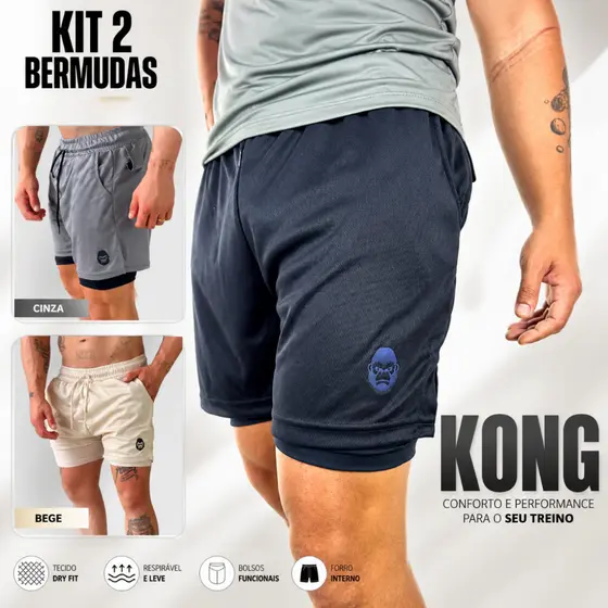 Kit 2 Bermudas Kong Premium Com forro de Compressão para Academia