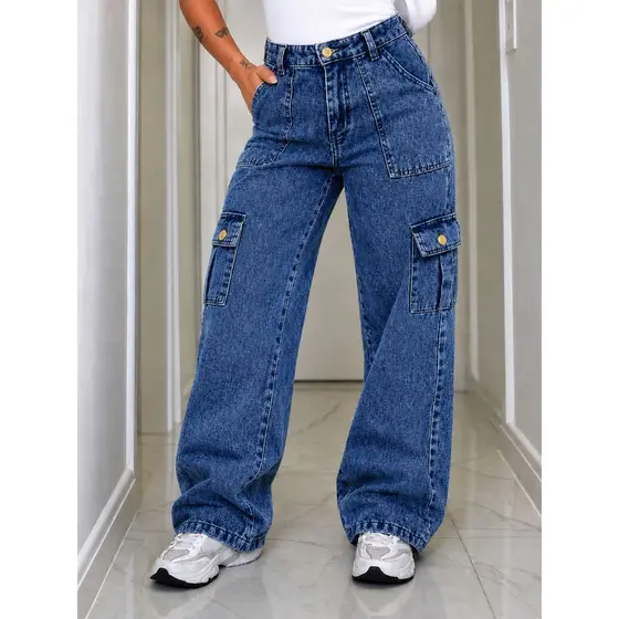 Calça Cargo Wide Leg Marmorizada Jeans Feminina Cintura Alta Bolsos Lateral Soltinha