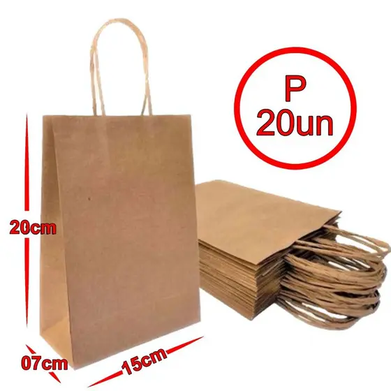 Sacola De Papel Kraft Natural P 15x20x07cm 20 Unidades