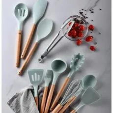 Conjunto De 12 Utensílios De Cozinha De Silicone Antiaderente Cabo De Madeira Fácil De Limpar