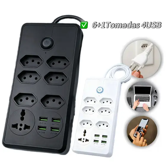 Régua Filtro de Linha com 4 Tomadas Extensão Elétrica 3 USB Bivolt 10A 110v/220v Cabo de 2 Metros