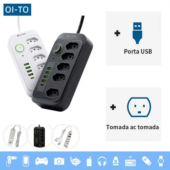 Extensão Elétrica 2m Com 6 Tomadas e 3 Entradas USB com Botão Power Socket 2500W 10A 110v 250v 4 Tomada Filtros de Linha