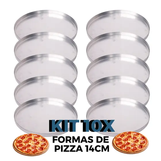 Kit 10 Formas Assadeiras de Mini Pizza 14 cm de Alumínio Polido com Borda