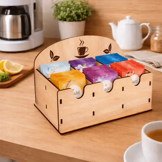Porta Chá de MDF Organizador para Sachês – Caixa Porta Chá com Divisórias – Suporte Decorativo para Cozinha e Café