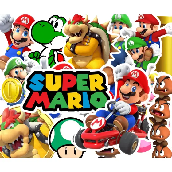 🎮 Cartela 50 Adesivos Mario Bros – Super Mário | Personagens, Moedas, Canos – Brindes, Scrapbook, Lembrancinhas