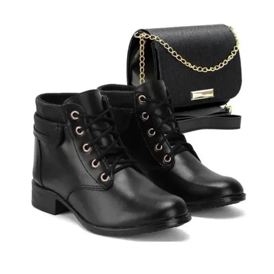 Bota Feminina Salto Baixo Cano Baixo Dobrado Confortável + Bolsa de Corrente