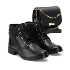 Bota Feminina Salto Baixo Cano Baixo Dobrado Confortável + Bolsa de Corrente