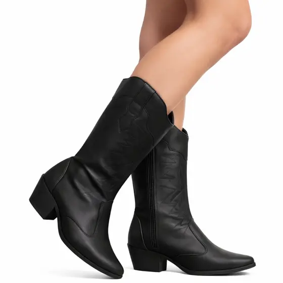 Bota Texana Feminina Cano Alto Salto Médio Western Bordada