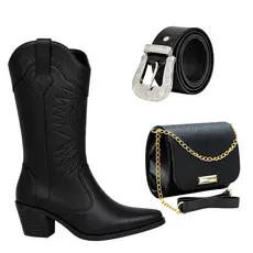 Bota Feminina Texana Bordada Western Salto Médio Cano Médio + Cinto Rodeio + Bolsa