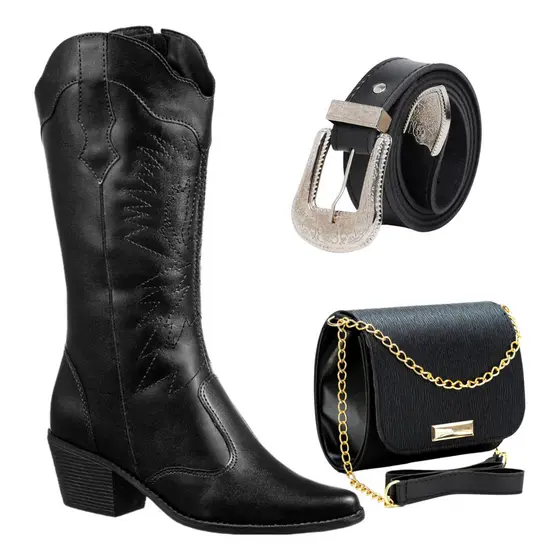 Bota Feminina Texana Rodeio Country Salto + Cinto + Bolsa