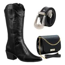 Bota Feminina Texana Rodeio Country Salto + Cinto + Bolsa