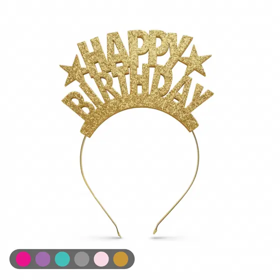 Tiara Happy Birthday Glitter Cores | Acessório de Festa Aniversário Brilhante Decoração