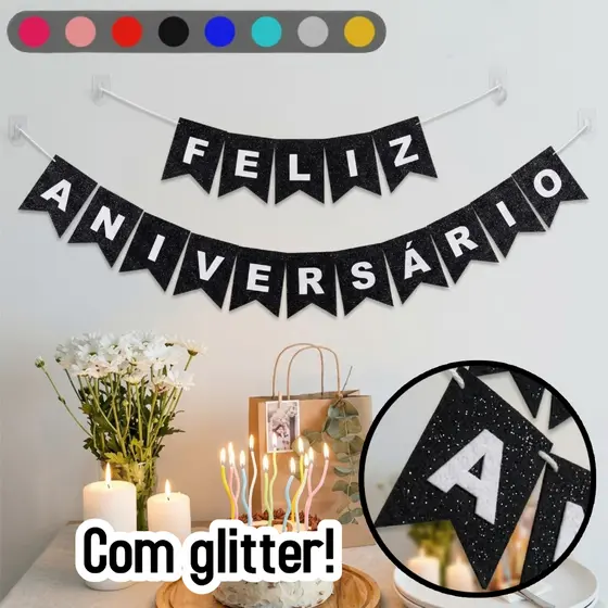 Bandeirola Feliz Aniversário Luxo com Glitter e Feltro Várias Cores Decoração Festa Minimalista