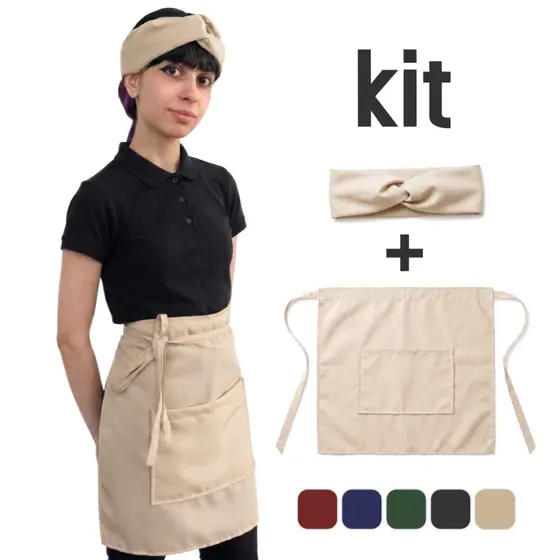 Meio Avental de Cintura com Bolso + Turbante em Oxford Ajustável Feminino Uniforme Restaurante