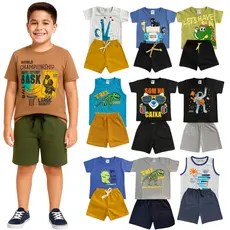 Kit 4 Peças de  Roupas Infantil para Menino - 2 Camisetas e 2 Bermudas - Conjuntos Menino Infantil Verão Tamanho 1 ao 14