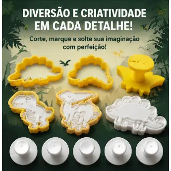 kit 6 cortadores + carimbos dinossauro para biscoito, pasta americana, massinha de modelar e biscuit.