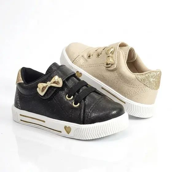 Tênis Infantil Lacinho Dourado Brilhando Glitter Brilho Calçados para Criança Promoção Original