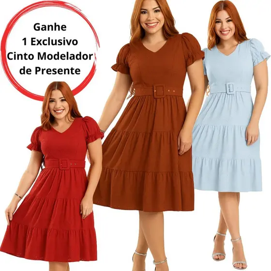 Vestido MidI Moda Cristã Forrado  Saia Três Marias - Manga Princesa