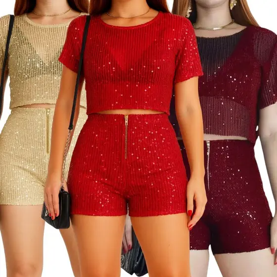 Short Feminino Cintura Alta Paetê Brilho Moda Balada Festa Elegante