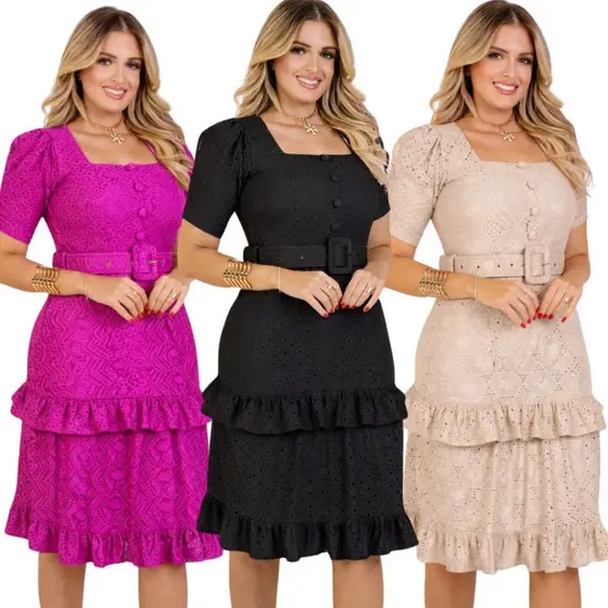 Vestido Feminino Modesto Sofisticado de babado C/ Cinto na Malha Cambraia  Laise Elegante