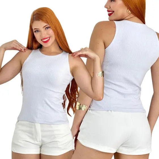 Blusa Feminina Regata Em Algodão Canelado Com Elastano – Cor Branca
