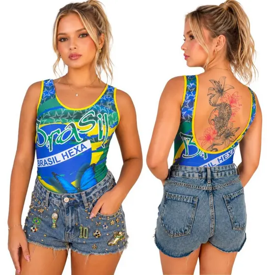 Body Feminino Brasil Decote Costas Nuas Estampado Regata Casual Tendência 2026 Arrase!