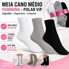Kit Meia Feminina Cano Médio Algodão Esportiva Inverno 34 ao 39 Polar Vip
