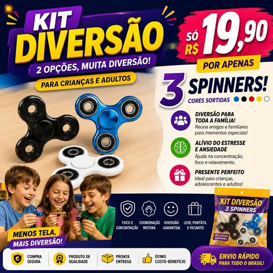 Spinners Antiestresse Brinquedo Giratório Kit 3 Hand Spinner