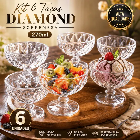 🍨 Kit 6 Taça de Sobremesa Diamond 270ml Vidro Elegante Sorvete Mousse Pudim