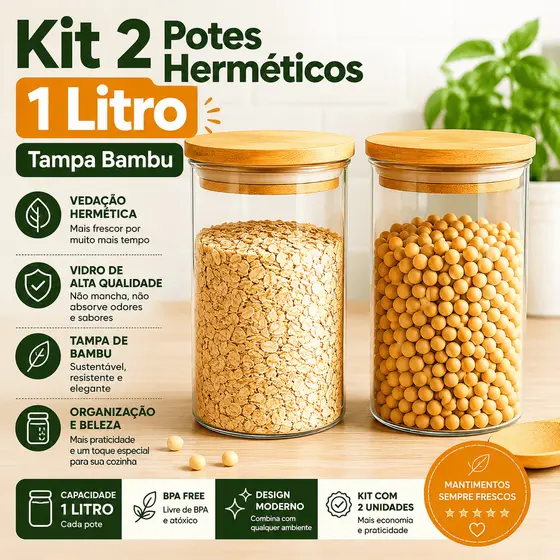 🌿 Kit 2 Potes de Vidro Hermético 1000ml c/ Tampa Bambu 🏡 Porta Mantimentos Alimentos Premium ✨