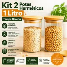 🌿 Kit 2 Potes de Vidro Hermético 1000ml c/ Tampa Bambu 🏡 Porta Mantimentos Alimentos Premium ✨