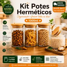 ✨ Kit 3 ou 6 Potes de Vidro Herméticos 1000ml 🌿 Tampa Bambu 🏡 Organizador Mantimentos Cozinha