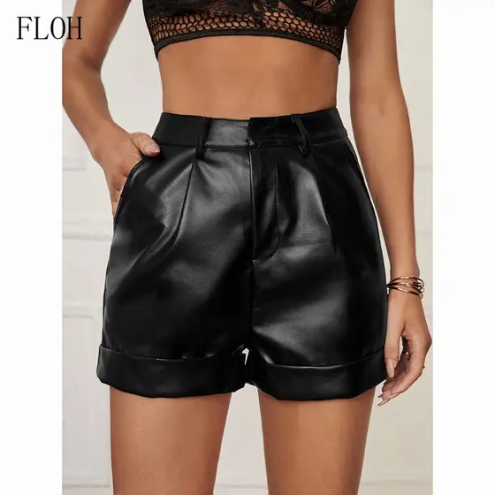 Shorts Femininos de Couro Sintético com Cintura Alta e Bolso, Estilo Fashion Blogger FXSW