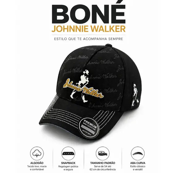 Boné Johnnie Walker Preto Aba Curva Snapback Regulável Masculino Premium Boné Whiskey Boné Country