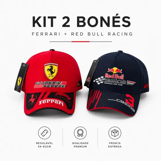 Kit 2 Bonés Ferrari + Red Bull Racing Premium Aba Curva Regulável