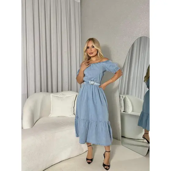 VESTIDO SOLTINHO  MIDI COM BABADO JEANS FININHO AZUL