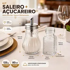 Kit Açucareiro de Vidro + Saleiro Vidro 80ml Cozinha Mesa Restaurante Bar